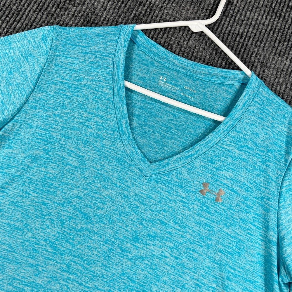Under Armour HeatGear Shirt Womens Large Blue Short Sleeve V Neck Athletic